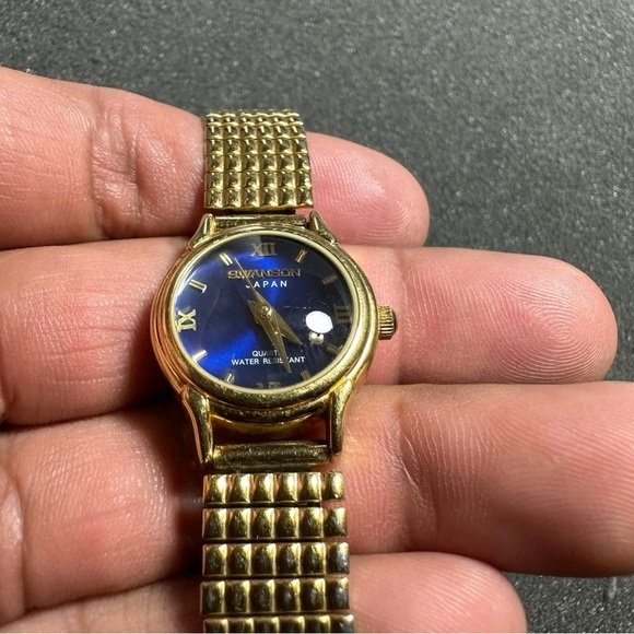 Swanson Miyota Ladies Quartz Watch Gold Tone Blue Dial Working New Battery - Picture 2 of 11
